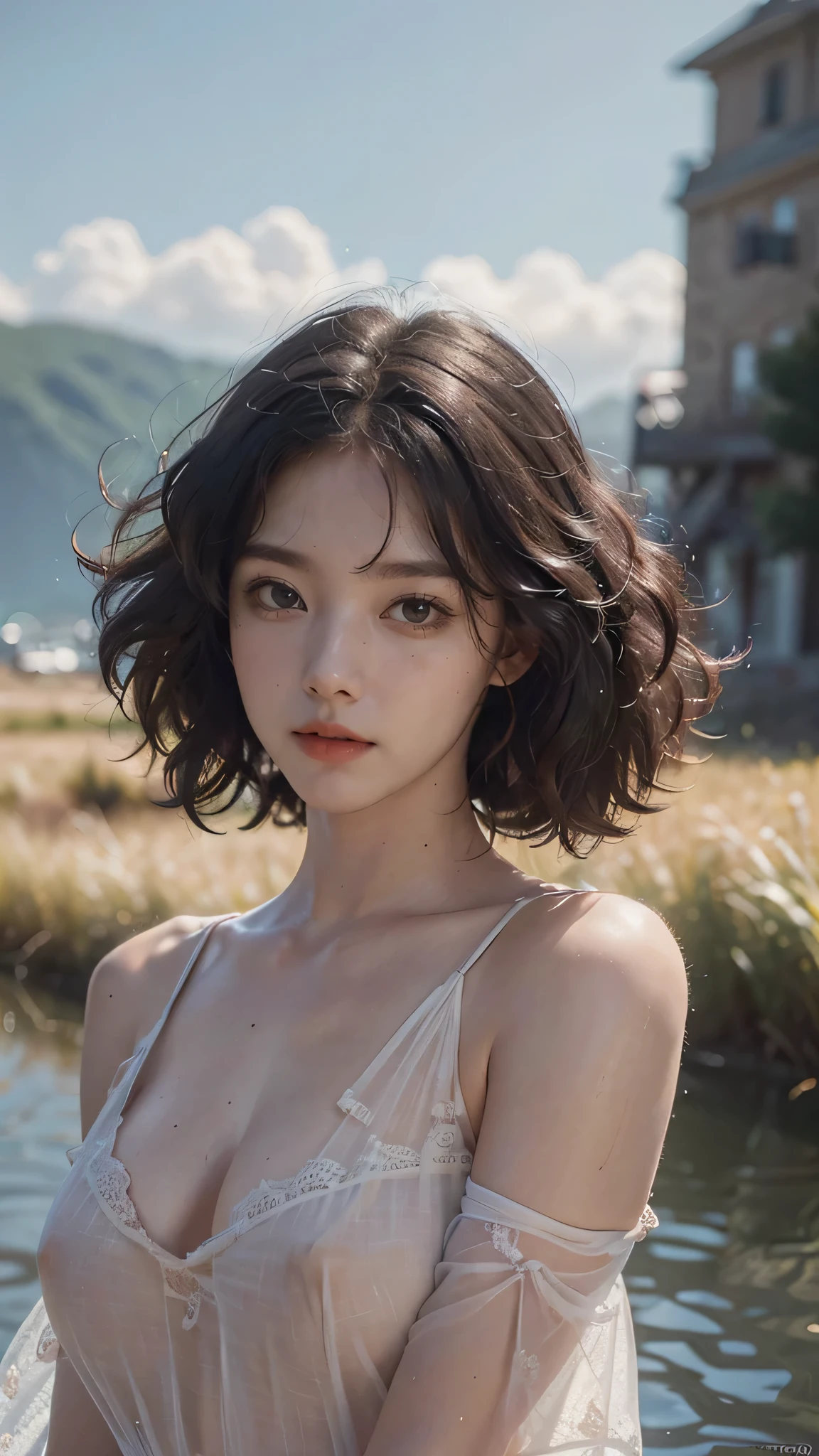 bloom, lens reflection, (8k, RAW, professional, best quality, masterpiece: 1.2), (realistic, photorealistic: 1.37), ultra-detailed, (wide-angle 25mm portrait), (most detailed skin: 1.2), very detailed face, cinematic lighting, 1girl, curly black hair, (windy), dark light, looking at the camera, large breasts,