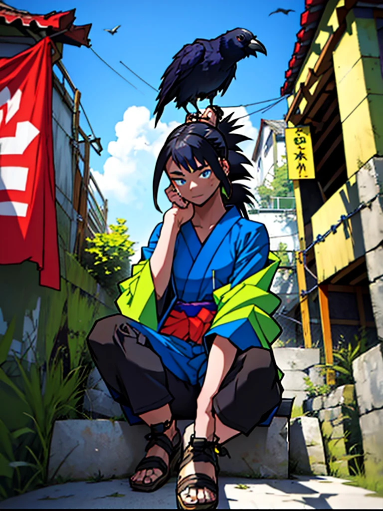 A girl in the Boku no hero style, She is wearing her hero outfit which consists of a long-sleeved jumpsuit that covers her entire neck and ends in shorts., on top a kimono with a raven on each side.
A has black hair with blue highlights tied in a ponytail and cut on the sides... She has freckles on her dark skin with one green and one blue eye... She has a horn on each side of her head, she is saying, She is looking to the side and behind her everything is green