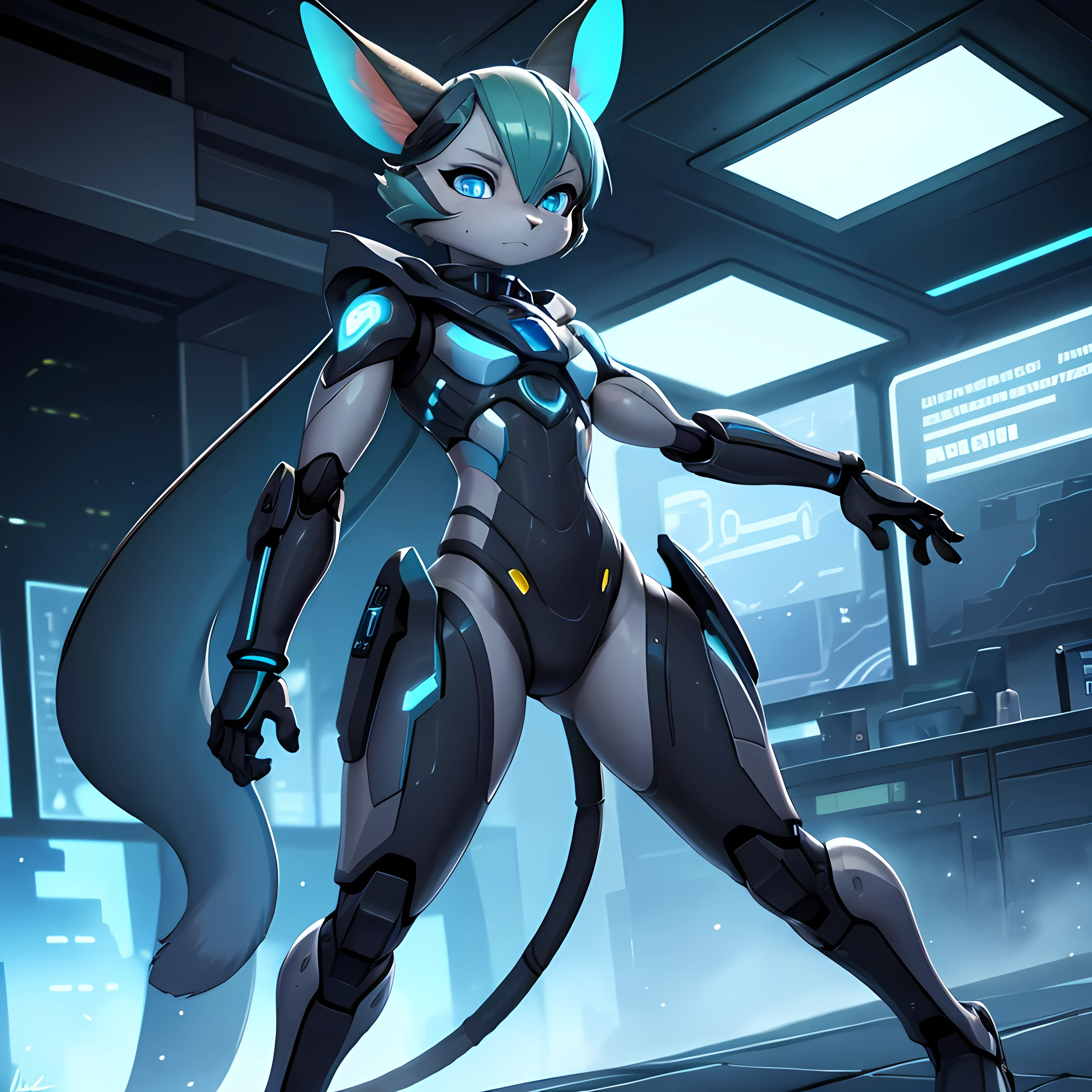 1 male jerboa, robot, futuristic, emotionless, blue eyes, green hair, grey body, synthetic, full body, best quality, 4k, 8k, highres, masterpiece:1.2, ultra-detailed, realistic, photorealistic, photo-realistic:1.37, HDR, UHD, studio lighting, ultra-fine painting, sharp focus, physically-based rendering, extreme detail description, professional, vivid colors, bokeh, sci-fi, concept art