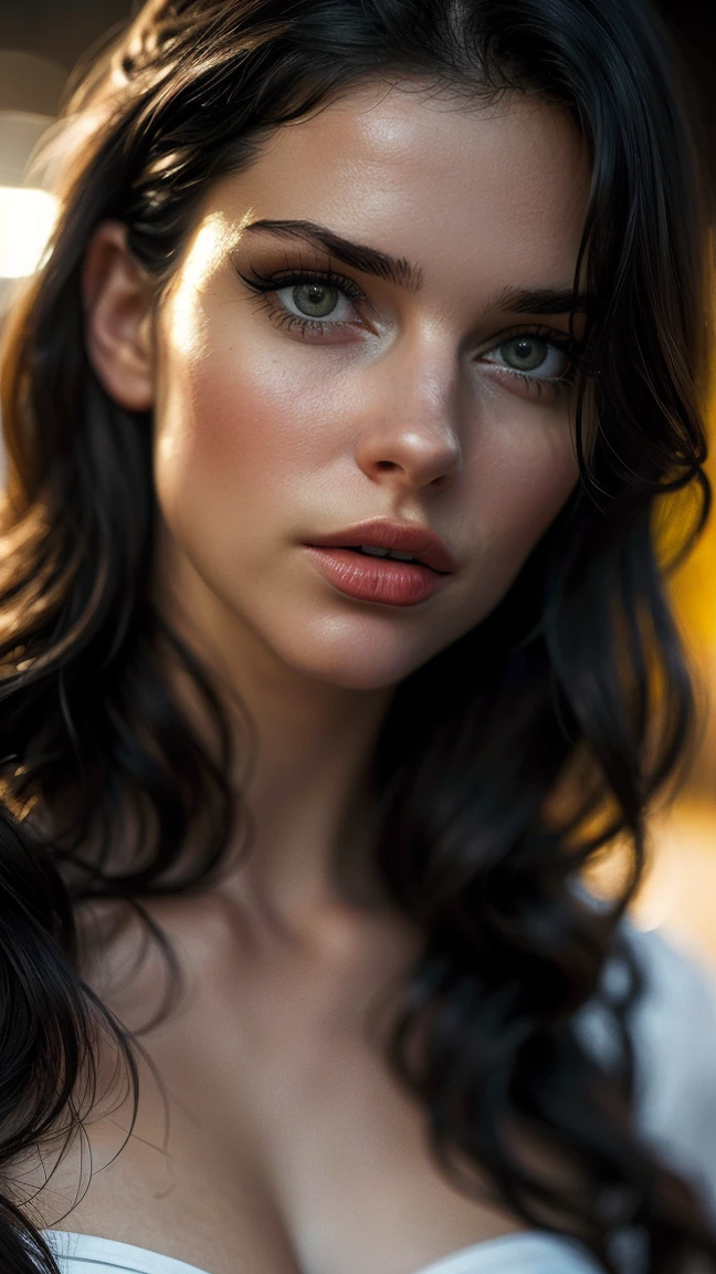 full body shot, (((ultra realistic))) Photo, masterpiece, top quality, (pale skin), (Ultra detailed face and eyes:1.3), 1 girl, in a bikini ((Eye makeup, mascara)), ((large detailed lips)), ((Dark wavy hair)), ((Stylish hairstyle)) , (Natural breasts), (Slim waist). ((Posing)), photoshoot, (Soft) Lighting, (The play of light and shadows), depth of field, bokeh, (special attention to skin detail: 1.2), Detailed leather texture, skin pores. (Warm atmosphere of the frame. color scheme - black, Yellow, White tones), UDR, ((Film grain)), rays, (Glare), ((waist up portrait)) , ultra detialed,