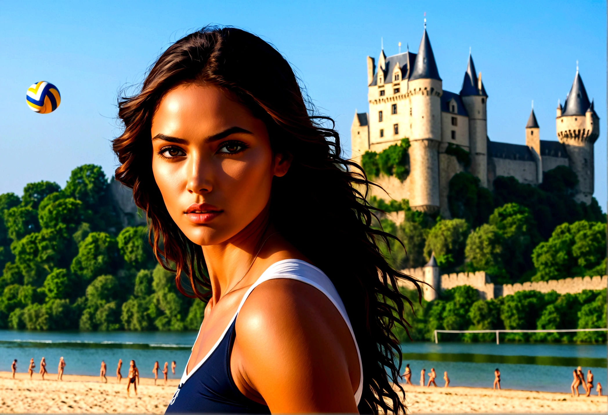 a masterful picture of a woman playing volleyball on an on coast of the Loir river, an extraordinary beautiful renaissance woman, long hair, wavy hair, dynamic hair color, dynamic eye color, playing volley ball in a beautiful beach on the Loir river, best detailed face, a French medieval castle on the river bank in the background, Ultra-high resolution, High Contrast, (masterpiece:1.5), highest quality, Best aesthetics), best details, best quality, highres, 16k, [ultra detailed], masterpiece, best quality, (extremely detailed), Intense gaze, chumbasket art style, 