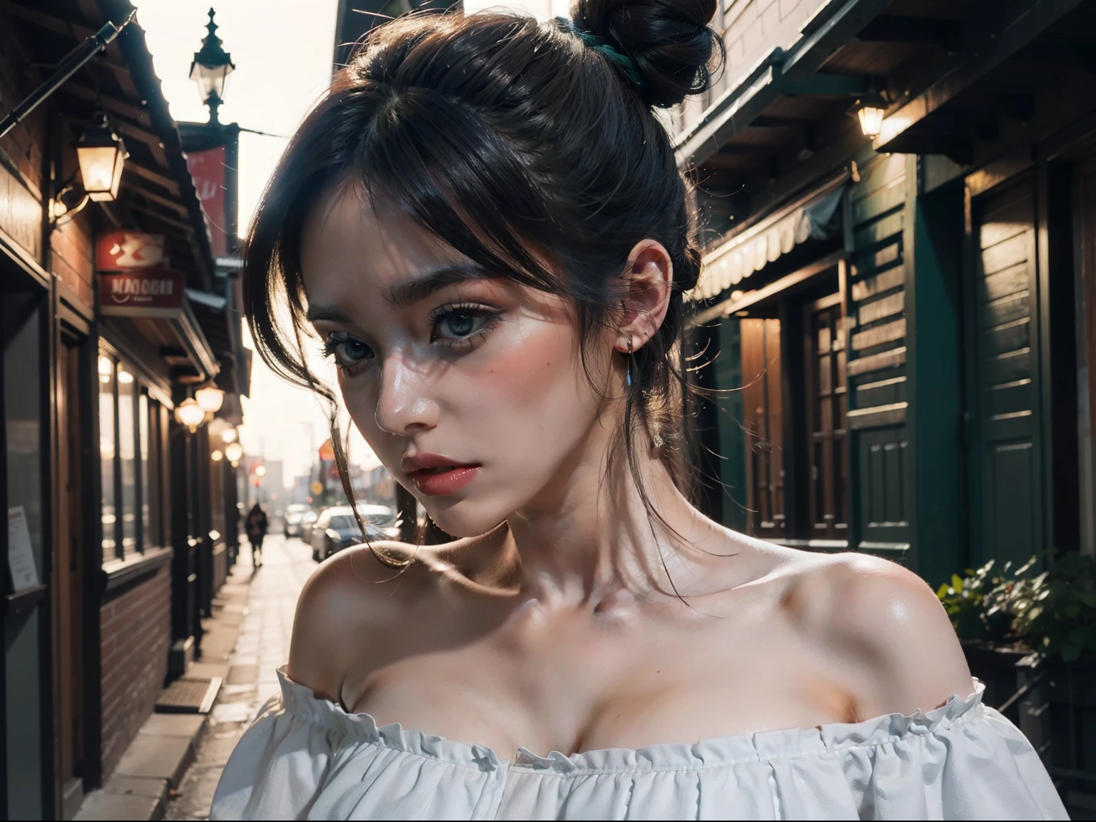 ((best quality)), ((masterpiece)), (detailed), 1girl, double bun hairstyle,
bare shoulders, very close up, night, alley, off shoulder dress, backlighting,
beautiful face, green eyes