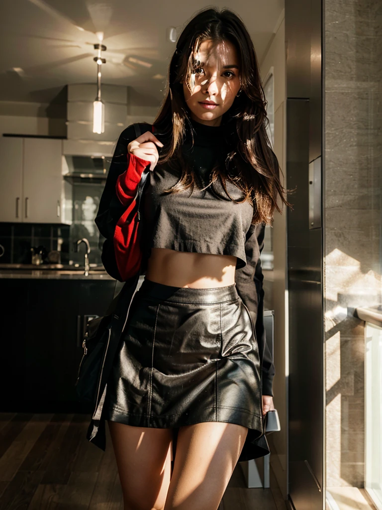 A 20 YEAR OLD WOMAN IN A BLACK SKIRT AND WHITE TOP POSING SENSUALLY IN THE LIVING ROOM OF HER HOUSE,WITH NSFW BACKGROUND LIGHTS SHOWING her high resolution breasts, Masterpiece, Best Quality, intricate details, Very detailed, sharp focus, detailed skin, realist skin texture, texture, detailed eyes, professional, 4k, , shot with cannon, depth of field, , perfectly fitted body, extremely detailed, Photo_\( ultra\), Photorealist, realist, Post processing, Maximum details, roughness, real life, ultrarealist, Photorealism, Photography, 8K uhd, Photography, RAW