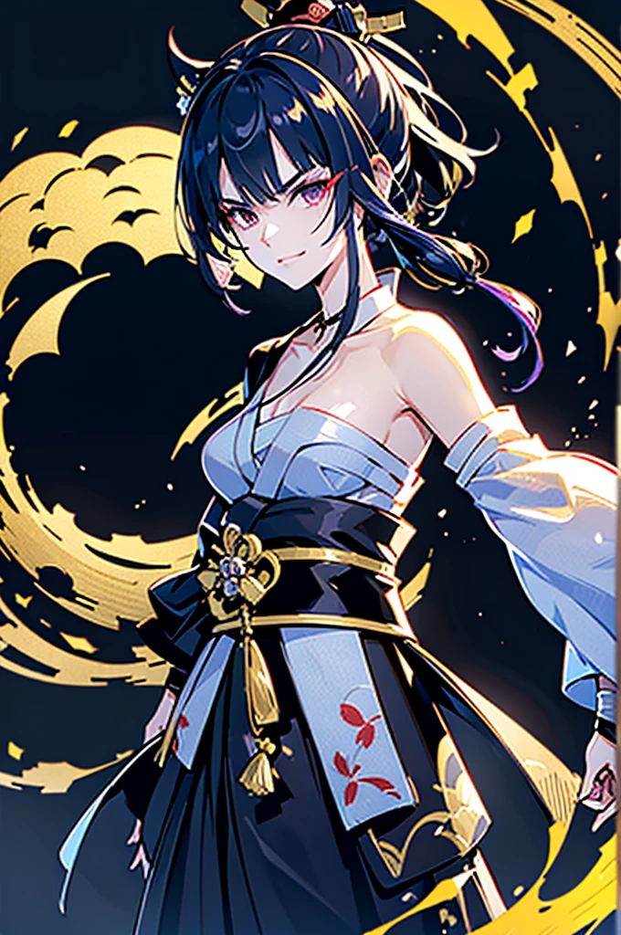((roll up bandage sideways on a chest tightly to cover the chest without gaps)), flat chest,Japanese Gangster BOSS, adult woman with the dignified presence, Killing Qi, don't wear around shoulder, don't wear around neck,wear the kimono from the waist down, ((kimono come off)) ,wear the kimono multiple times, Bare shoulders and the clavicle, black and gold kimono, put on over jacket of kimono, holding a japanese sword which shine in purple, long sword, eye fire, low angle, whole body, bandage is seen, anime character, Glaring, off sholder, nappropriate smile, Excellent, black blue hair, can see both shoulder, long hem