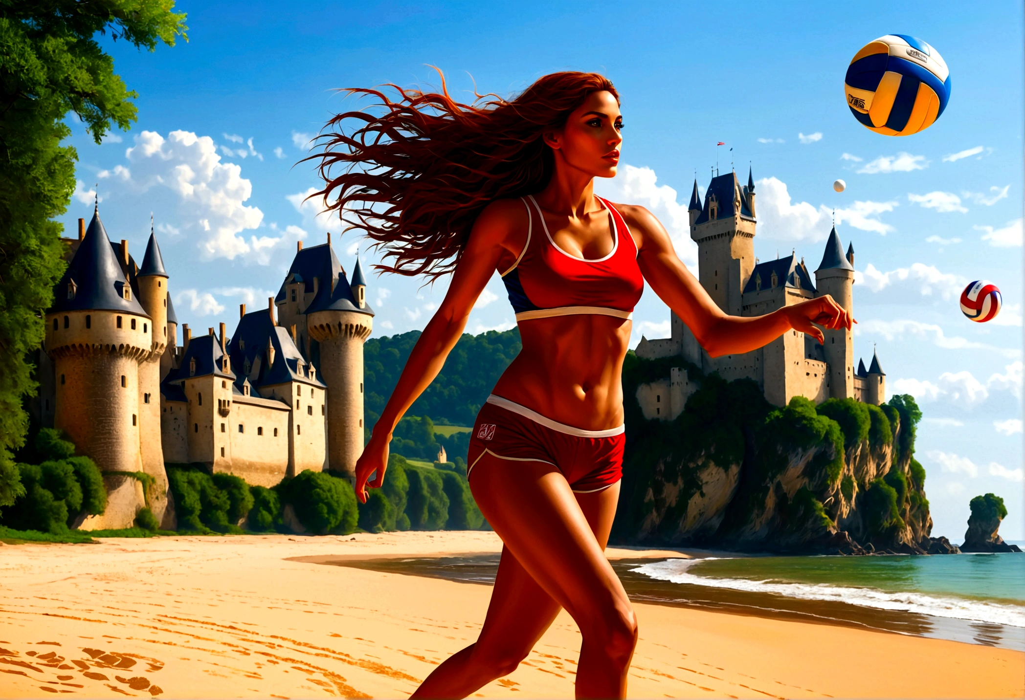 a masterful digital art painting of long woman playing volleyball on an on coast of the Loir river, an extraordinary beautiful renaissance woman, long hair, wavy hair, dynamic hair color, dynamic eye color, playing volley ball in a beautiful beach on the Loir river, best detailed face, a French medieval castle on the river bank in the background, Ultra-high resolution, High Contrast, (masterpiece:1.5), highest quality, Best aesthetics), best details, best quality, highres, 16k, [ultra detailed], masterpiece, best quality, (extremely detailed), Intense gaze, chumbasket art style, 