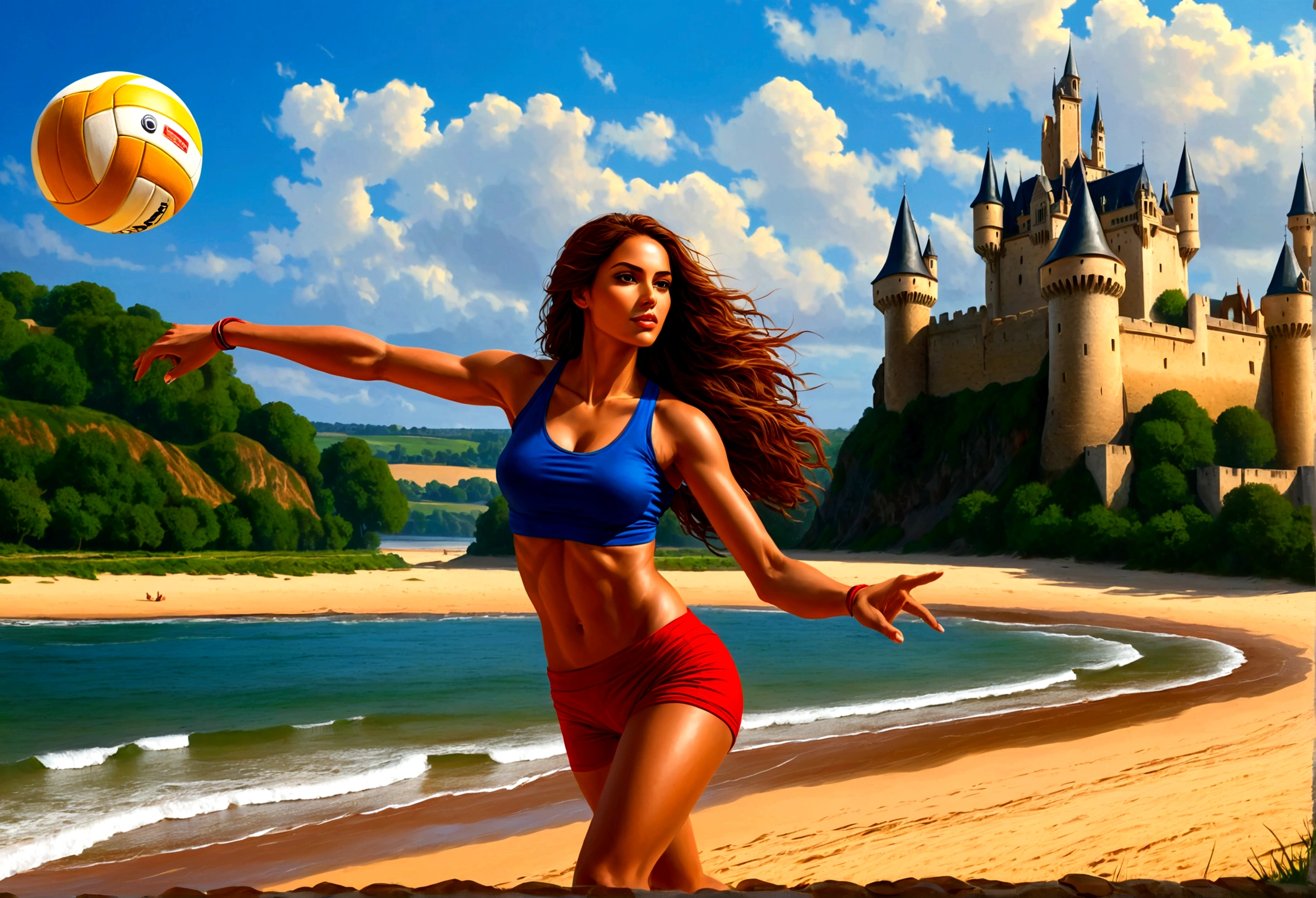a masterful digital art painting of long woman playing volleyball on an on coast of the Loir river, an extraordinary beautiful renaissance woman, long hair, wavy hair, dynamic hair color, dynamic eye color, playing volley ball in a beautiful beach on the Loir river, best detailed face, a French medieval castle on the river bank in the background, Ultra-high resolution, High Contrast, (masterpiece:1.5), highest quality, Best aesthetics), best details, best quality, highres, 16k, [ultra detailed], masterpiece, best quality, (extremely detailed), Intense gaze, chumbasket art style, 
