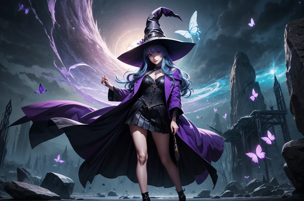 In the middle of so the storm on the stone field stand beatiful witch, she have a beautiful face with blue eyes shining purple lipstick and purple eye shadows, she have long blue hair with purple highlights, she dressed in black long coat short skirt high heels shoes and witch hat on her head , there is lighning butterflys fly all around her, (ultra high quality fantasy art, anime fantasy style, masterpiece, ultra high quality character design, 8k quality anime art, realistic anime art, top quality wallpaper illustration, detailed ultra high quality accurate face, high quality design and accurate physic)
