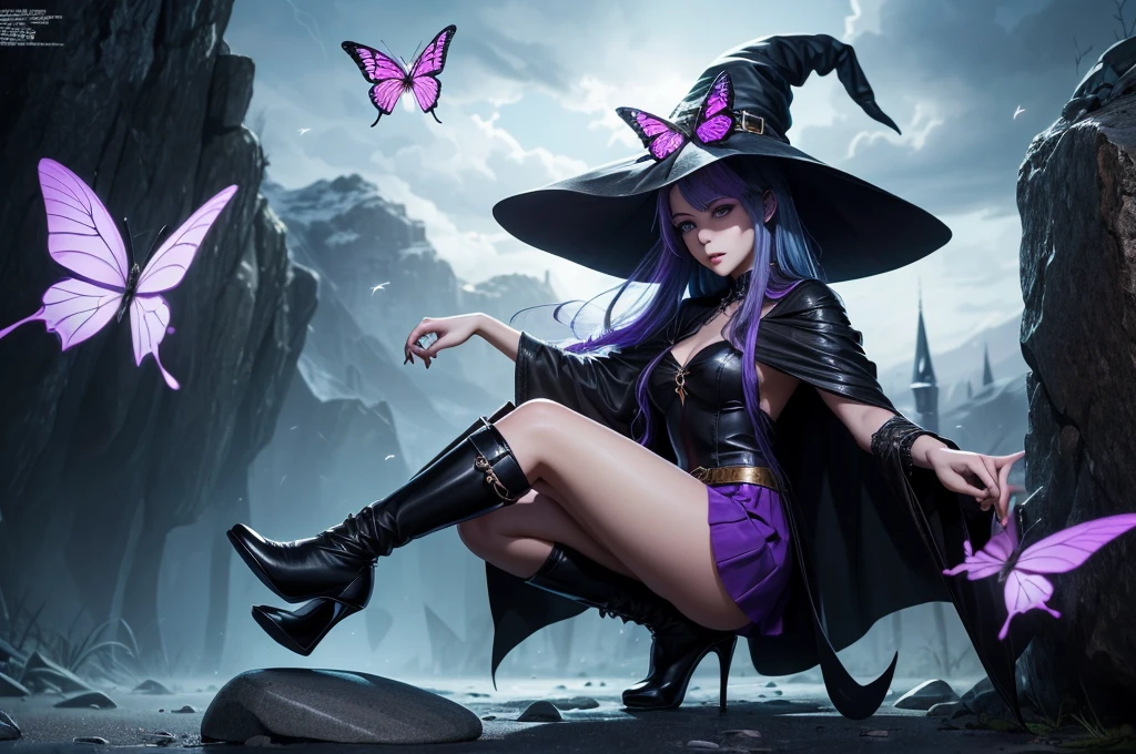 In the middle of so the storm on the stone field stand beatiful witch, she have a beautiful face with blue eyes shining purple lipstick and purple eye shadows, she have long blue hair with purple highlights, she dressed in black long coat short skirt high heels shoes and witch hat on her head , there is lighning butterflys fly all around her, (ultra high quality fantasy art, anime fantasy style, masterpiece, ultra high quality character design, 8k quality anime art, realistic anime art, top quality wallpaper illustration, detailed ultra high quality accurate face, high quality design and accurate physic)
