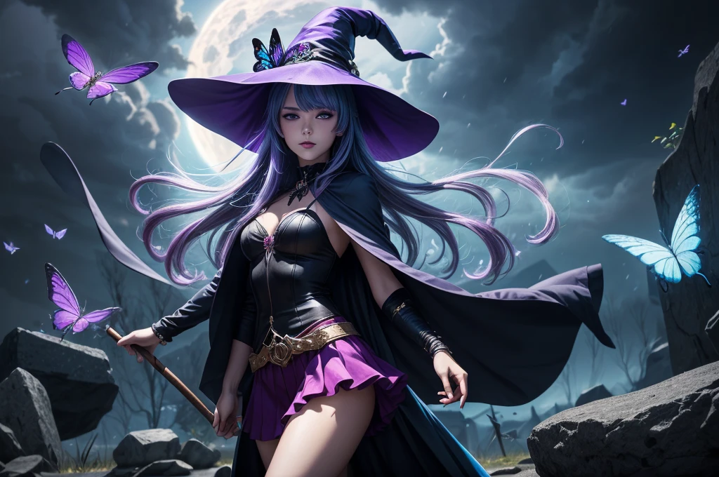 In the middle of so the storm on the stone field stand beatiful witch, she have a beautiful face with blue eyes shining purple lipstick and purple eye shadows, she have long blue hair with purple highlights, she dressed in black long coat short skirt high heels shoes and witch hat on her head , there is lighning butterflys fly all around her, (ultra high quality fantasy art, anime fantasy style, masterpiece, ultra high quality character design, 8k quality anime art, realistic anime art, top quality wallpaper illustration, detailed ultra high quality accurate face, high quality design and accurate physic)
