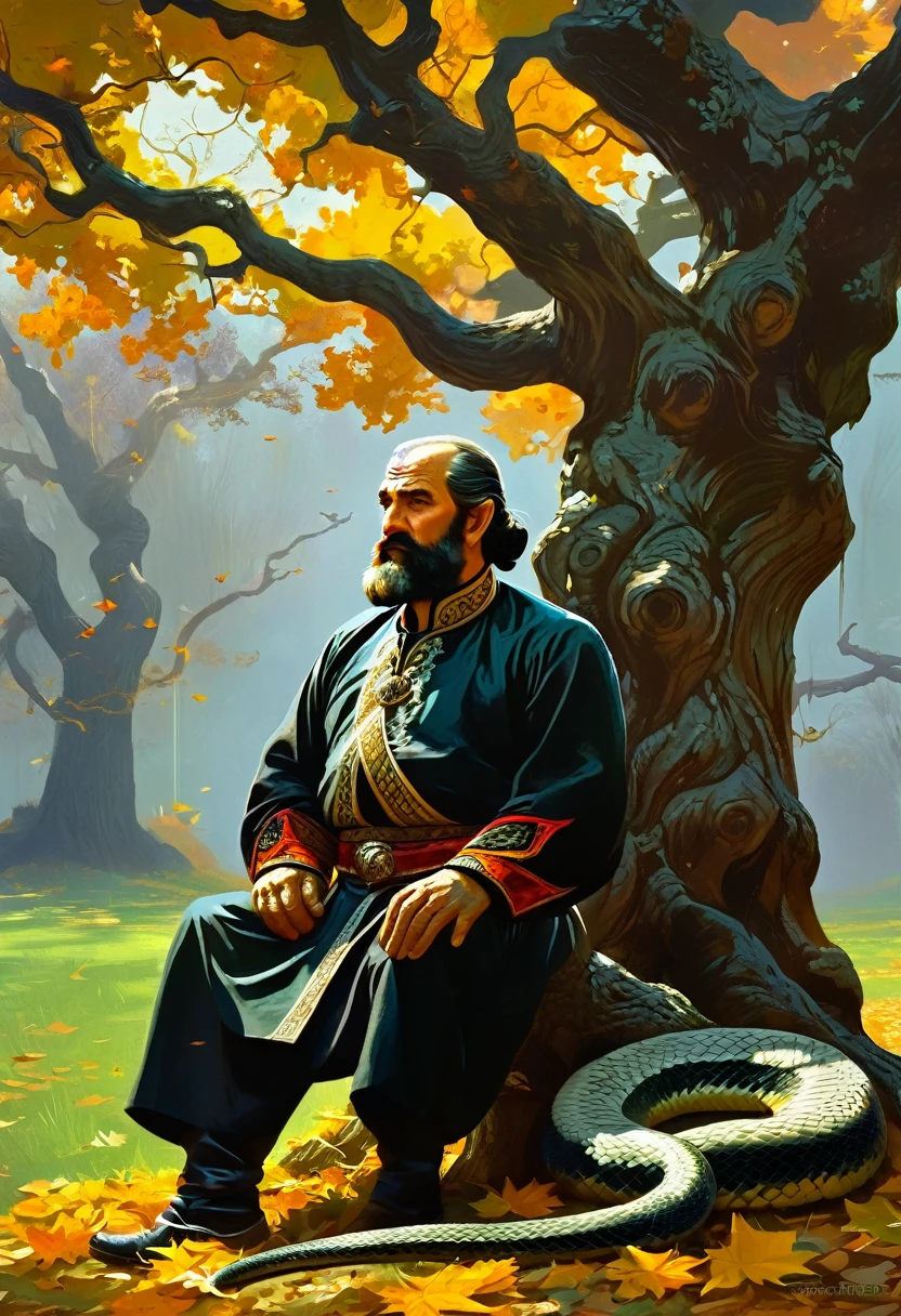 Caucasus nationality, Georgian Middle-aged man in traditional outfit, with serious face, who is sitting under giant oak tree, The oak tree Bound by snake, man caressing little dear, Autumn, leaf on ground, by Frank frazetta full body profile, trending on artstation, dramatic lightning, ultra hd
