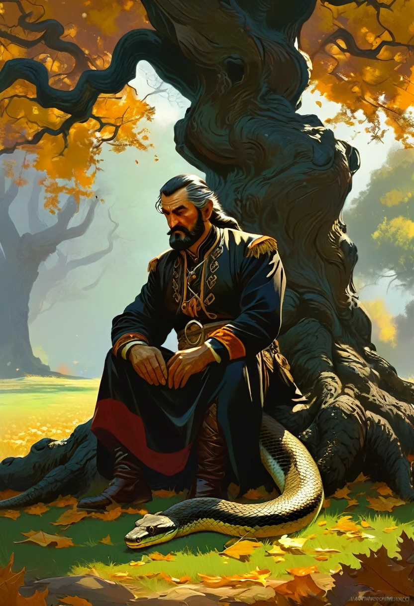 Caucasus nationality, Georgian Middle-aged man in traditional outfit, with serious face, who is sitting under giant oak tree, The oak tree Bound by snake, man caressing little dear, Autumn, leaf on ground, by Frank frazetta full body profile, trending on artstation, dramatic lightning, ultra hd