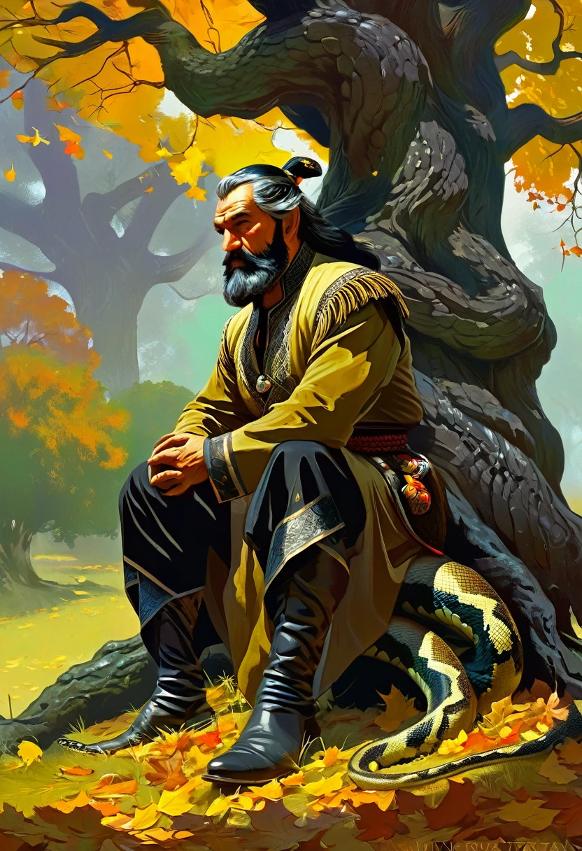 Caucasus nationality, Georgian Middle-aged man in traditional outfit, with serious face, who is sitting under giant oak tree, The oak tree Bound by snake, man caressing little dear, Autumn, leaf on ground, by Frank frazetta full body profile, trending on artstation, dramatic lightning, ultra hd
