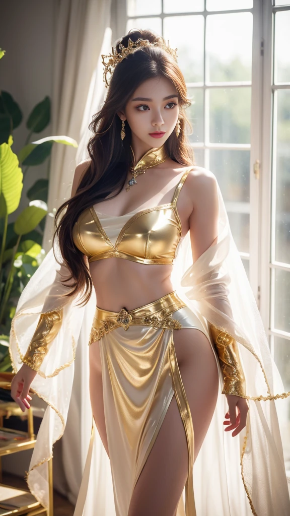 4K, UHD, masterpeice, 1 girl, petfect body, good face, very long hair, ((white skin)), fairytale outfit, golden coutfit, bare waist, fujicolor, window, depth of field, ray tracing, ultra realistic detailes,