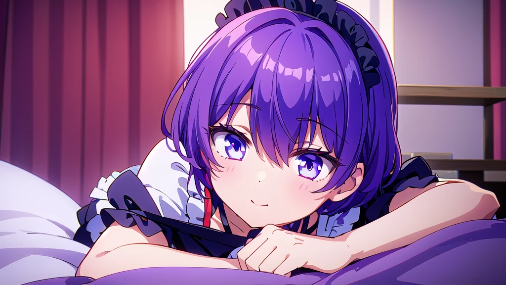 1girl, short purple hair, cute eyes, wearing maid costume, close portrait, sitting in bed, close, high res, ultrasharp, 8K, masterpiece, looking at viewer