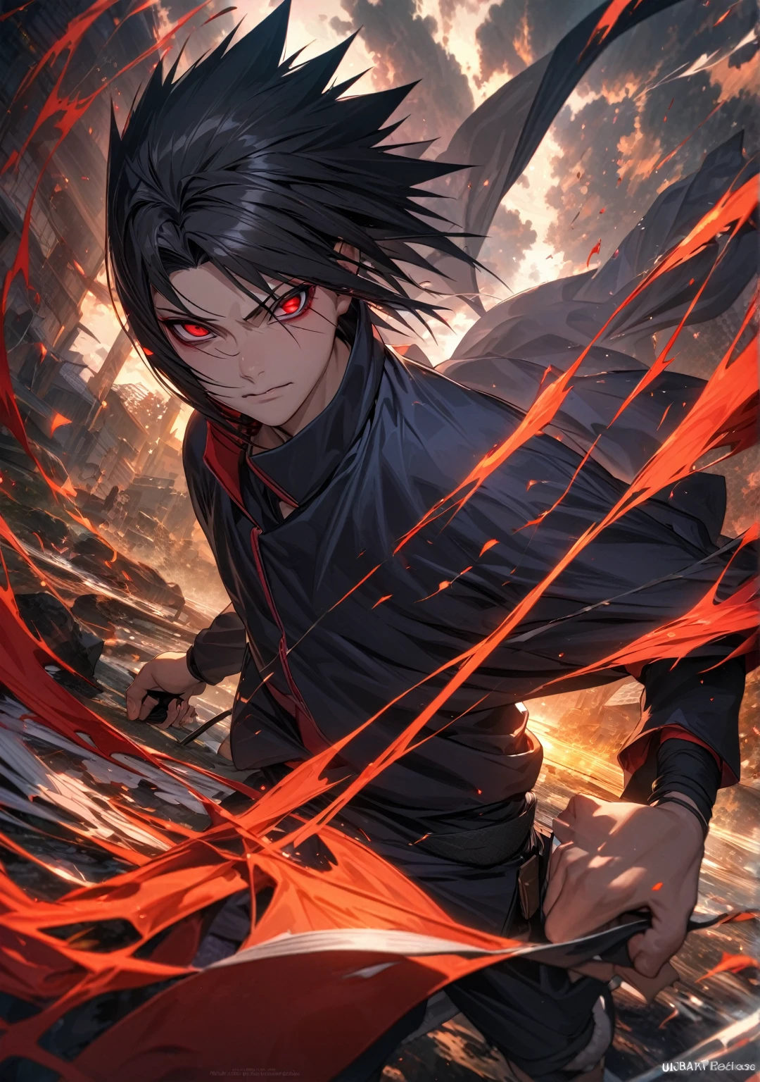 (absurdres, highres, ultra detailed, HDR), master piece, best quality, Uchiha Sasuke, black hair, vibrant red eyes, Naruto Shippuden
