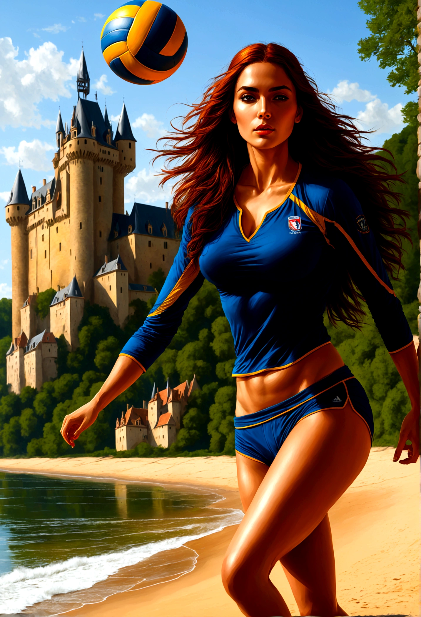 a masterful digital art painting of long woman playing volleyball on an on coast of the Loir river, an extraordinary beautiful renaissance woman, long hair, wavy hair, dynamic hair color, dynamic eye color, playing volley ball in a beautiful beach on the Loir river, best detailed face, a French medieval castle on the river bank in the background, Ultra-high resolution, High Contrast, (masterpiece:1.5), highest quality, Best aesthetics), best details, best quality, highres, 16k, [ultra detailed], masterpiece, best quality, (extremely detailed), Intense gaze, chumbasket art style, 