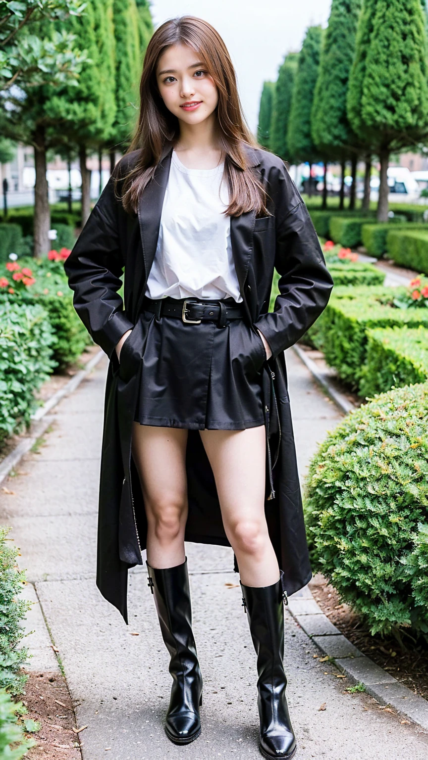 (8K、RAW Photos、Highest quality、masterpiece:1.2)、(Realistic、Realistic)、1 Girl、((black long coat、Black mini skirt、smile、Thin legs、whole body、boots、one piece、garden、View from the front、Looking into the camera、belt、Stand with hands on hips))、cute