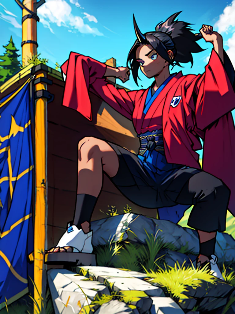 A girl in the Boku no hero style, She is wearing her hero outfit which consists of a long-sleeved jumpsuit that covers her entire neck and ends in shorts., on top a kimono with a raven on each side.
A has black hair with blue highlights tied in a ponytail and cut on the sides... She has freckles on her dark skin with one green and one blue eye... She has a horn on each side of her head, she is saying, She is looking to the side and behind her everything is green