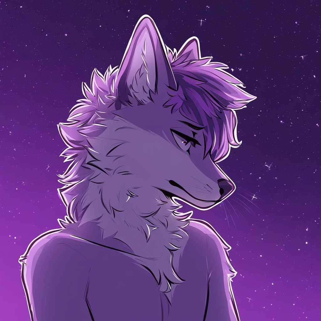 adult, feline, mammal, anthro, anthropomorphic, fox, striped, fur, striped_feline, fur, male, light_purple, purple_hair, fluffy, dark_purple, purple_chest, shy, small_pupils, digital_art, high_resolution, high_res, hand-drawn, pencil_lines, head_visible, background, neck_visible, seductive_face, detailed_line_work, profile_picture, head_visible, purple_galaxy_background,