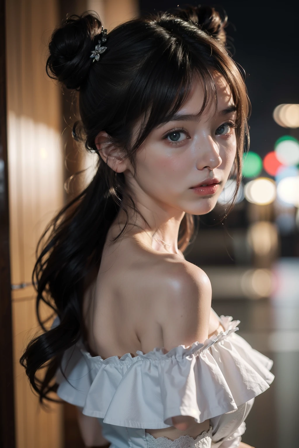 ((best quality)), ((masterpiece)), (detailed), 1girl, double bun hairstyle,
bare shoulders, very close up, night, alley, off shoulder dress, backlighting,
beautiful face, green eyes