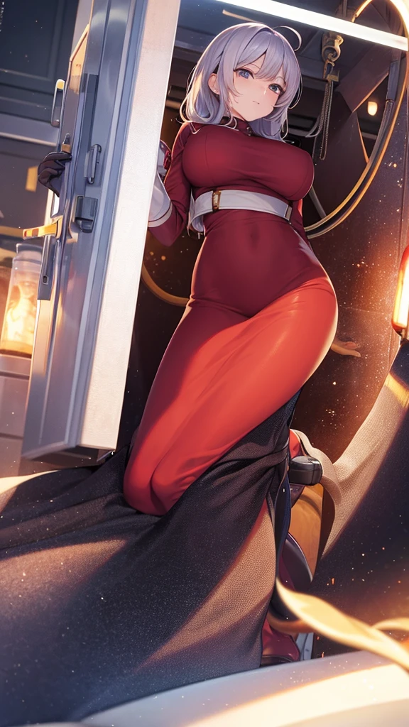 Firefighter、tall、woman、whole body、front、put on gloves