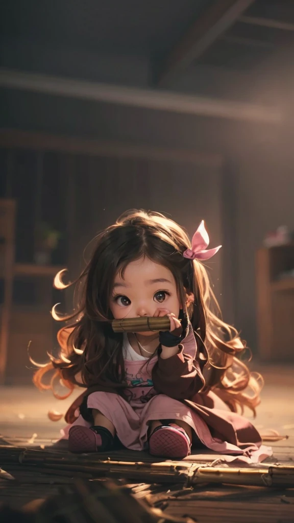 A very cute , sitting on the floor, with wavy brown hair, pink eyes, with a piece of bamboo in your mouth.