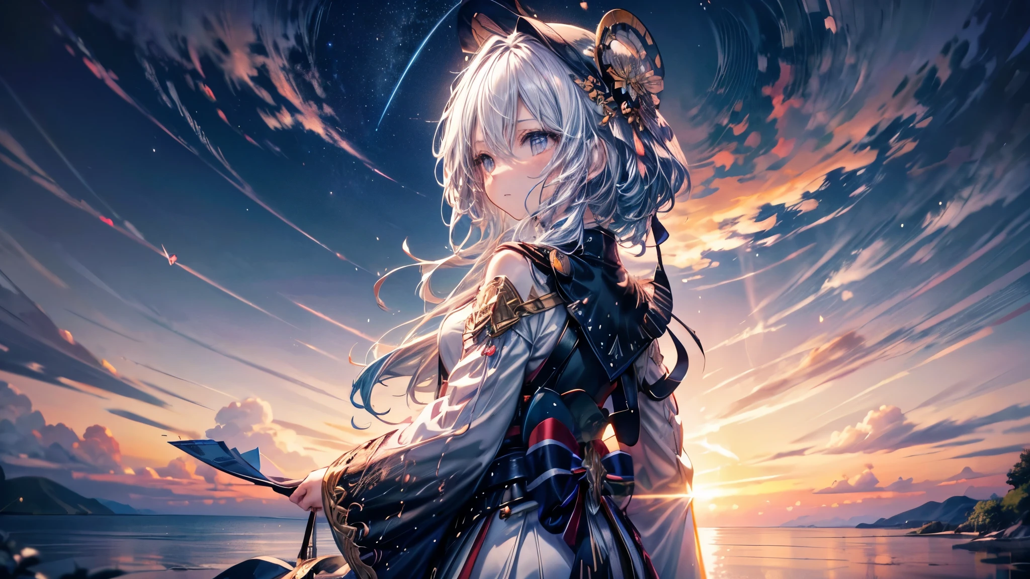 An ultra wide angle display of a mystical sunset scene showing a starry night filled with clouds and a large galaxy spinning, there is a reflection of a sakura tree in the sea in the center, illuminated by fireflies, an epic moment of quiet contemplation and understanding of the meaning of your journey. Highly detailed, UHD anime wallpaper, digital animation, epic.