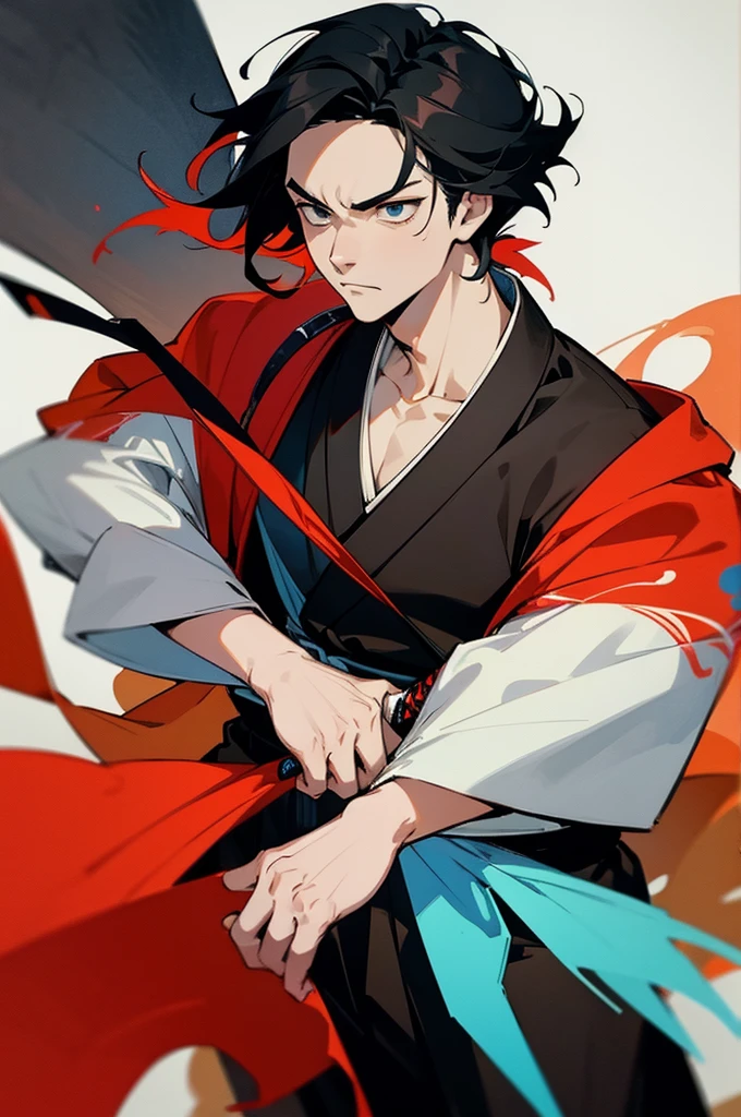 1 man, wearing a haori, the color palette is mainly dark with splashes of vibrant colors, tailored white shirts, fashionable, man, vibrant, outfit, colorful, accessory, majestic, sharp focus, modern, determined expression, serious face, Ink wash painting background, (cinematic), elaborate, holding japanese sword, katana, action pose, collarbone, muscular, red outline,