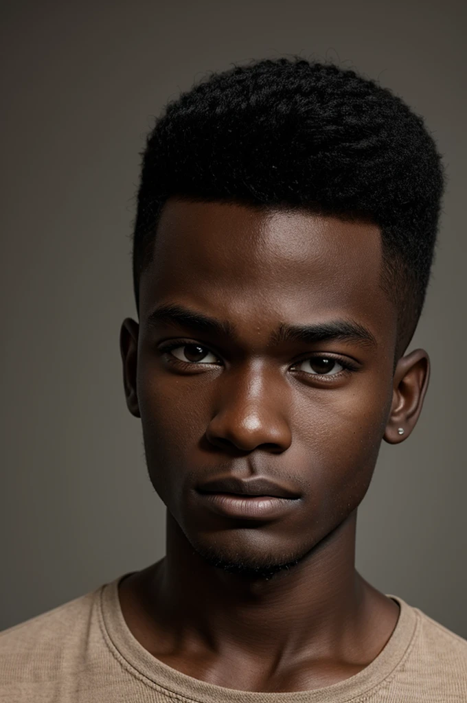 Create an image of a dark-skinned 18-year-old boy , with broken hair , round eyes and round face