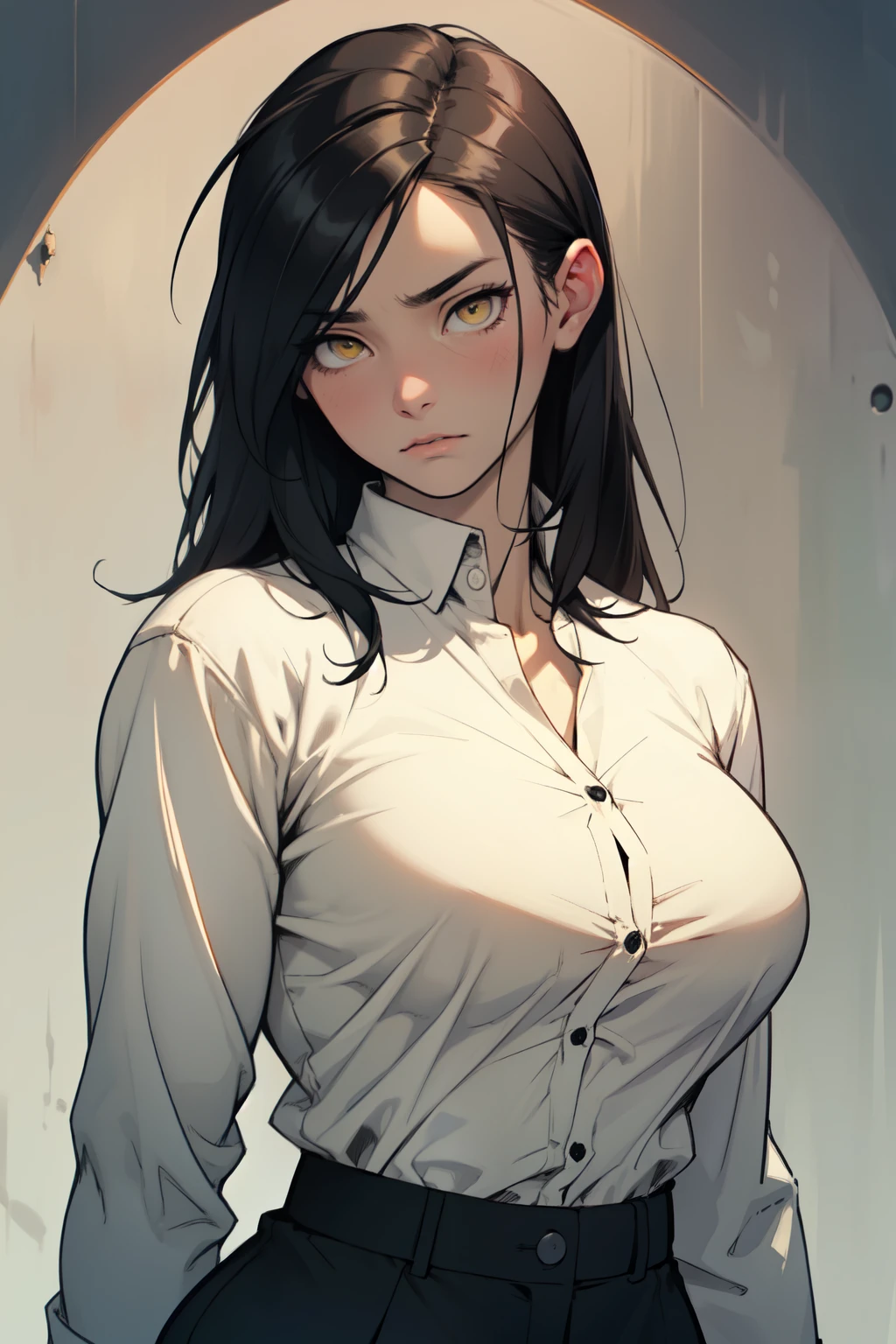 sad girl muscular muscular muscular breasts breasts breasts thick thick thick thick black hair yellow eyes pale skin pale skin thick thick thick long sleeve dark atmosphere thick thick thick thick thick thick muscular simple background sad sad sad sad tigth shirt