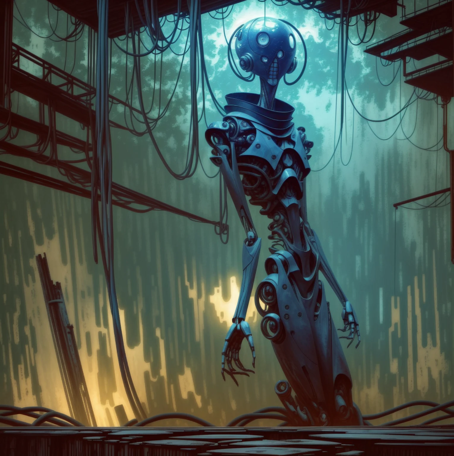 I giant humanoid robot torso, only top half of body, torso attached to a platform on the floor, long mechanical arms, slender robot fingers, rusting, disheveled, wires falling off, robot is falling apart, in the center of a giant chamber, placed above a pool of glowing blue liquid