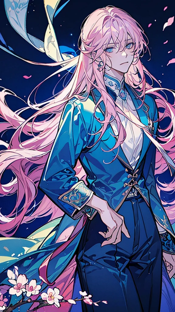 ((masterpiece)), ((one man)), man, man in late 30s, dark skin, blue eyes, detailed eyes, elve ears, pink hair, long hair, long curly hair, ((curly hair)), curly hair, tall, handsome, mature, blue clothes,
