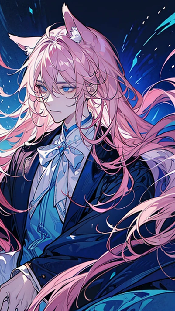 ((masterpiece)), ((one man)), man, man in late 30s, dark skin, blue eyes, detailed eyes, elve ears, pink hair, long hair, long curly hair, ((curly hair)), curly hair, tall, handsome, mature, blue clothes,
