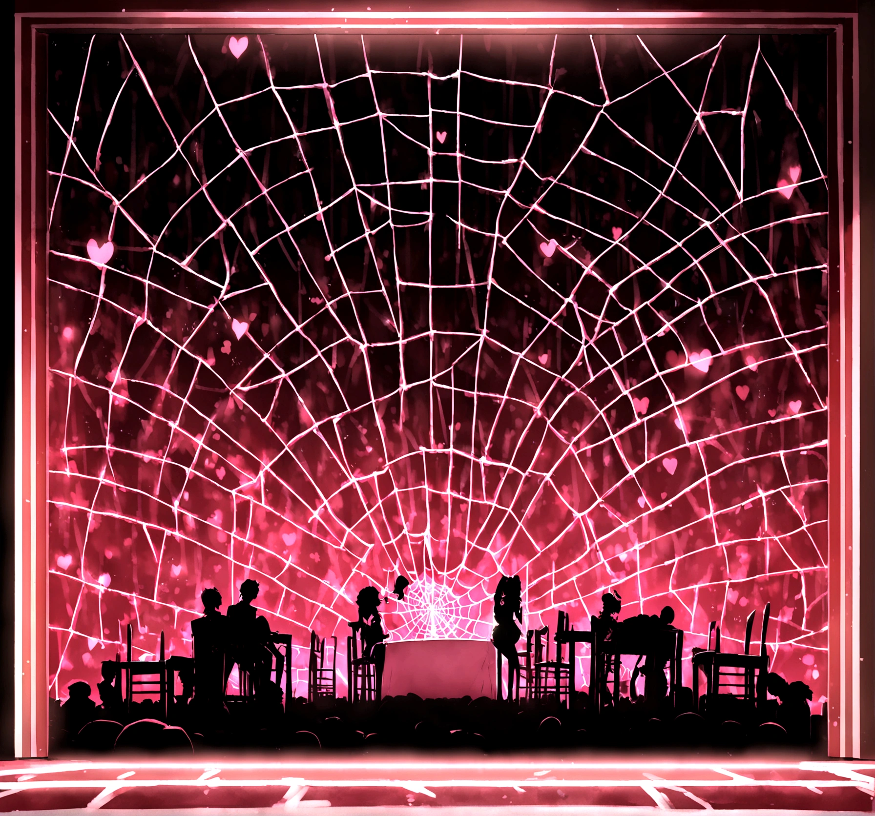 scene, Anime, Barhos, light pink, soft red light , host stage, sexy background, heart, spider web,Sex pub