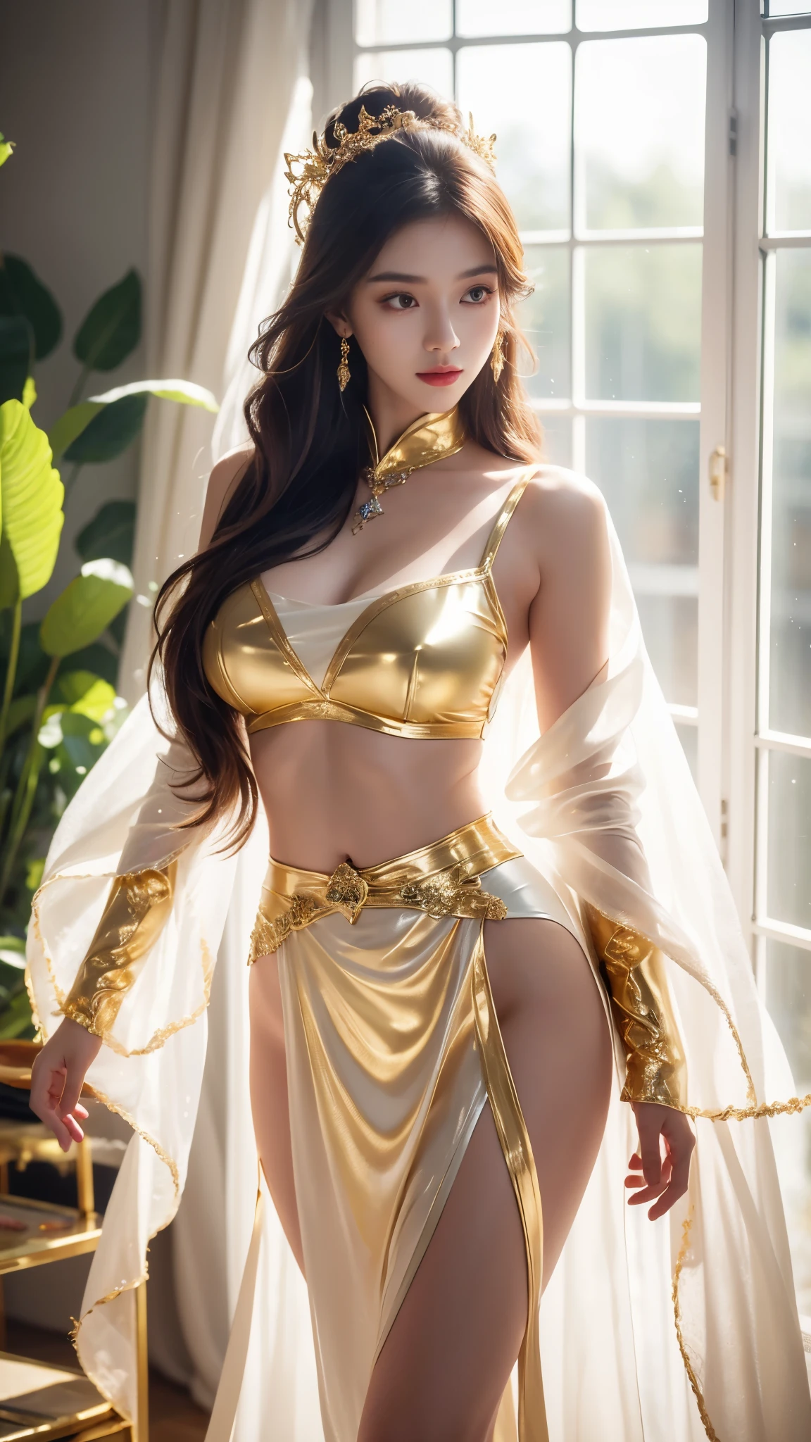 (8k, RAW photo, best quality, masterpiece:1.2), (realistic, photo-realistic:1.4), (extremely detailed CG unity 8k wallpaper), (1 girl:1.5), red spots on forehead, pale skin, blush, big eyes, full body, thighs, open navel, gold waist chain, gold ornaments, flying ribbons, particles, background is Loulan ancient city, ancient city wall, desert, dance, dunhuang_dress, dunhuang_style,
