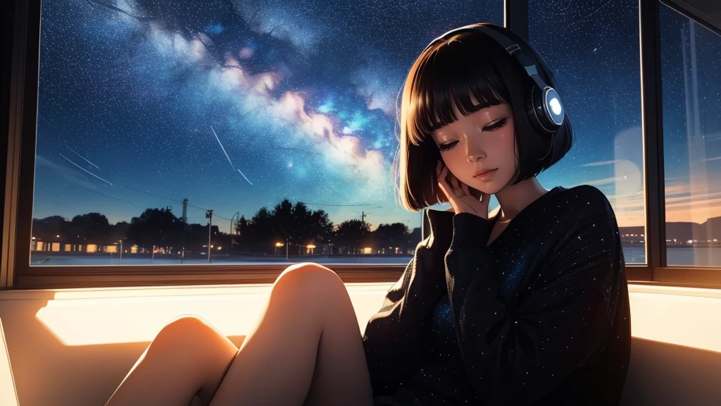 indoor, Sit by the extra-large window, eyes closed, Put on your headphones, Look at the stars, Night Travel, Beautiful starry sky, a beautiful lady with, bob cut,Bangs, Ultra high definition full body portrait, (high quality) (Super detailed) ; different, rich and colorful,