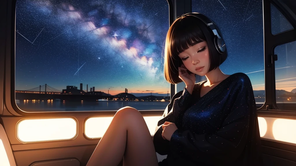 indoor, Sit by the extra-large window, eyes closed, Put on your headphones, Look at the stars, Night Travel, Beautiful starry sky, a beautiful lady with, bob cut,Bangs, Ultra high definition full body portrait, (high quality) (Super detailed) ; different, rich and colorful,