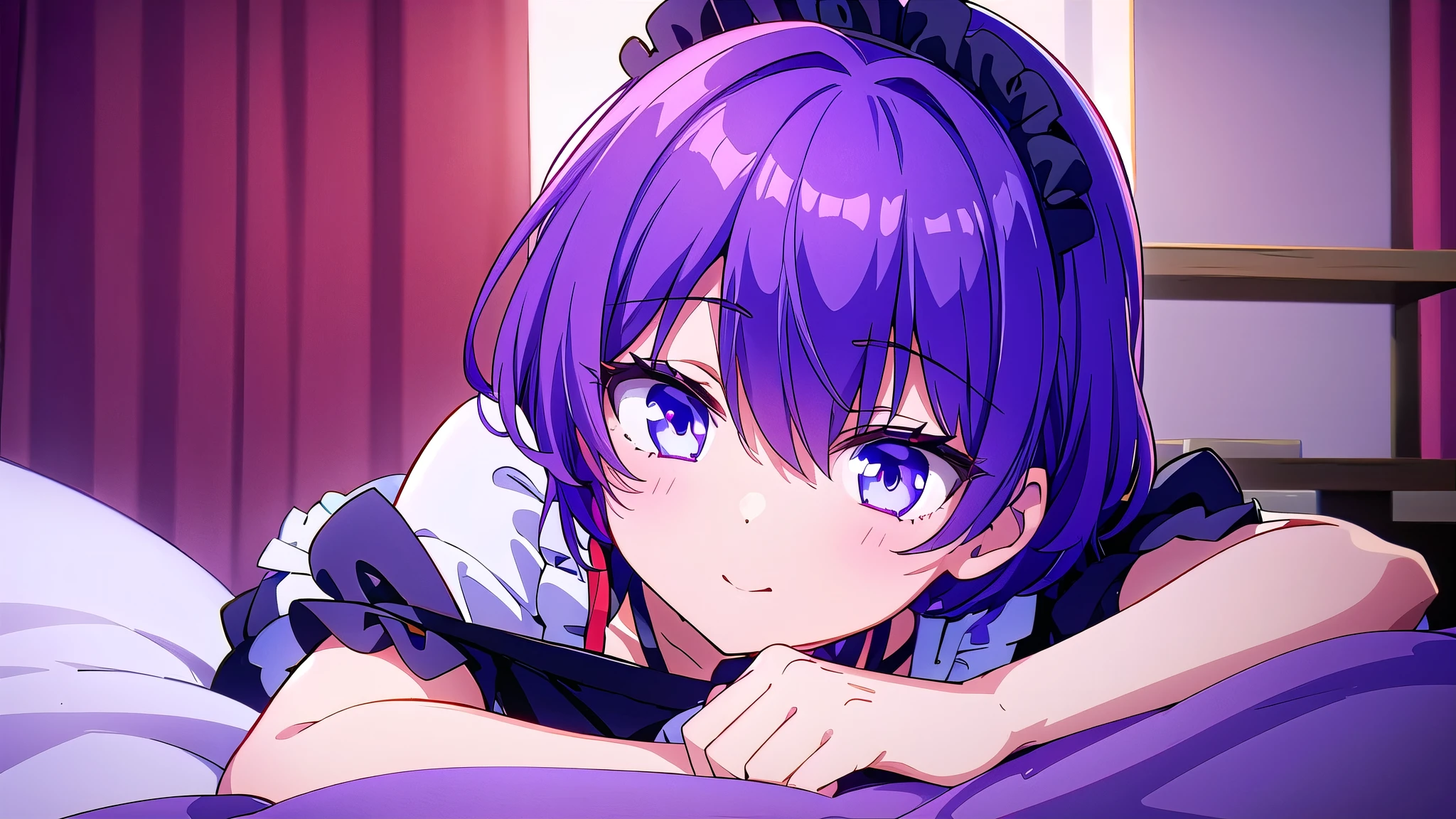 1girl, short purple hair, cute eyes, wearing maid costume, close portrait, sitting in bed, close, high res, ultrasharp, 8K, masterpiece, looking at viewer