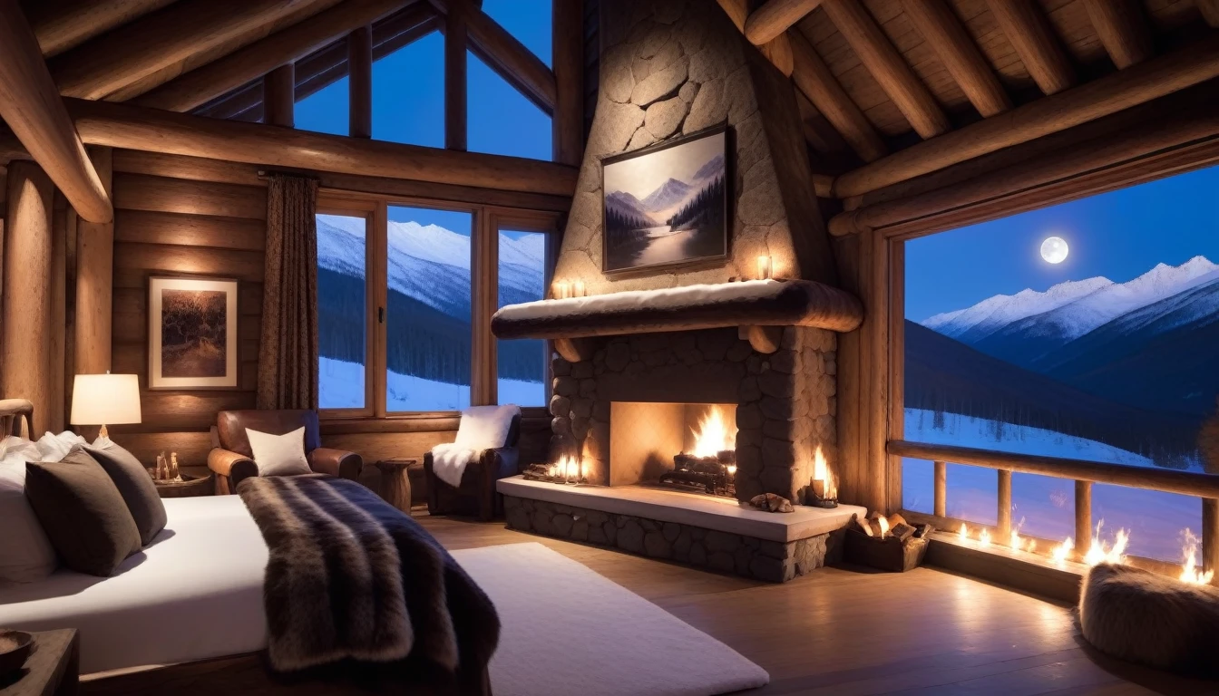 at night, frontal shot rustic mountain lodge, the warm light of the fireplace reflects just a little inside the lodge, creating a cozy atmosphere. Dark wood, furs, and thick textiles add a rustic touch, Big windows frame a snow-covered valley bathed in the light of the full moon