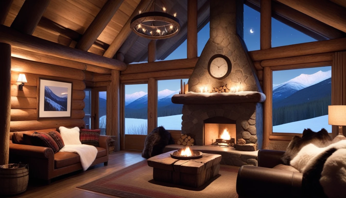 at night, frontal shot rustic mountain lodge, the warm light of the fireplace reflects just a little inside the lodge, creating a cozy atmosphere. Dark wood, furs, and thick textiles add a rustic touch, Big windows frame a snow-covered valley bathed in the light of the full moon