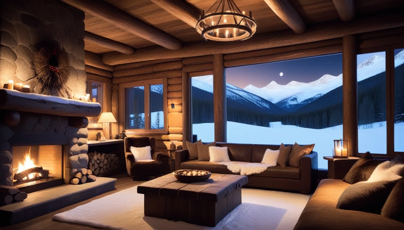 at night, frontal shot rustic mountain lodge, the warm light of the fireplace reflects just a little inside the lodge, creating a cozy atmosphere. Dark wood, furs, and thick textiles add a rustic touch, Big windows frame a snow-covered valley bathed in the light of the full moon