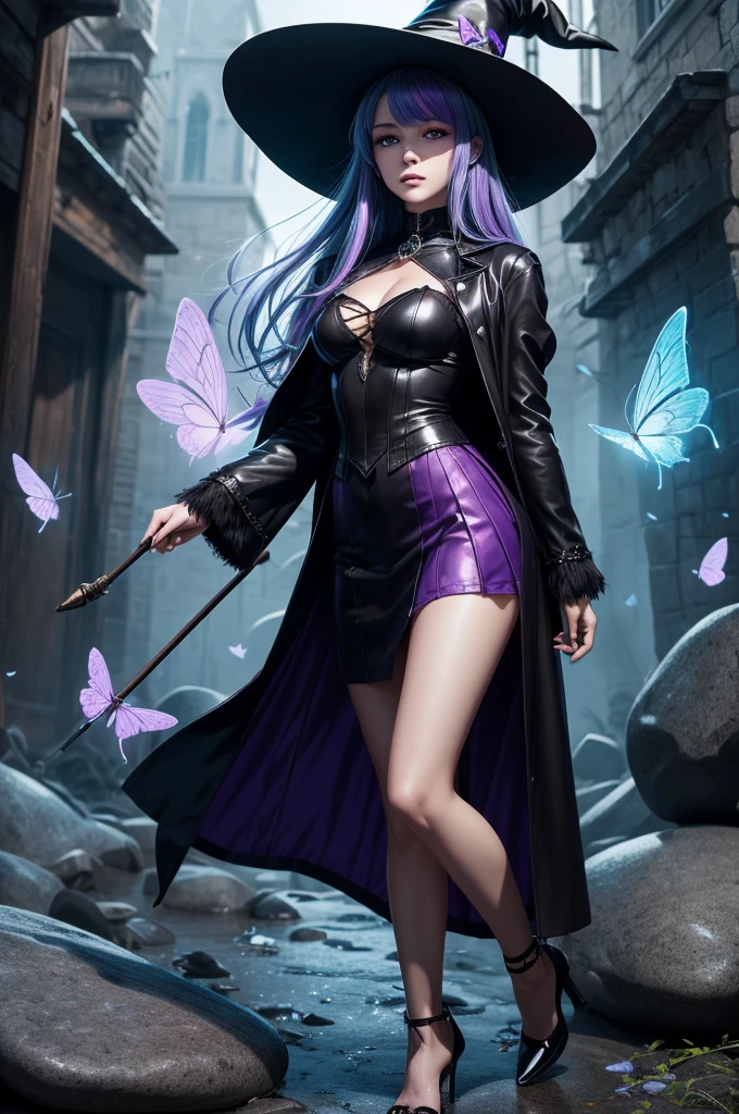 In the middle of so the storm on the stone field stand beatiful witch, she have a beautiful face with blue eyes shining purple lipstick and purple eye shadows, she have long blue hair with purple highlights, she dressed in black long coat short skirt high heels shoes and witch hat on her head , there is lighning butterflys fly all around her, (ultra high quality fantasy art, anime fantasy style, masterpiece, ultra high quality character design, 8k quality anime art, realistic anime art, top quality wallpaper illustration, detailed ultra high quality accurate face, high quality design and accurate physic)
