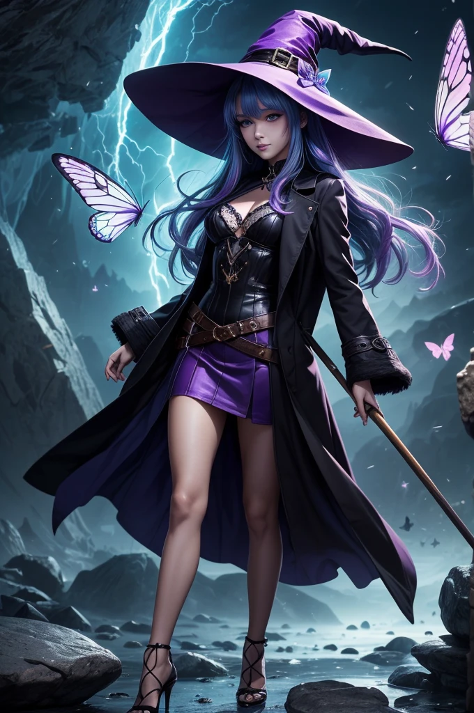 In the middle of so the storm on the stone field stand beatiful witch, she have a beautiful face with blue eyes shining purple lipstick and purple eye shadows, she have long blue hair with purple highlights, she dressed in black long coat short skirt high heels shoes and witch hat on her head , there is lighning butterflys fly all around her, (ultra high quality fantasy art, anime fantasy style, masterpiece, ultra high quality character design, 8k quality anime art, realistic anime art, top quality wallpaper illustration, detailed ultra high quality accurate face, high quality design and accurate physic)
