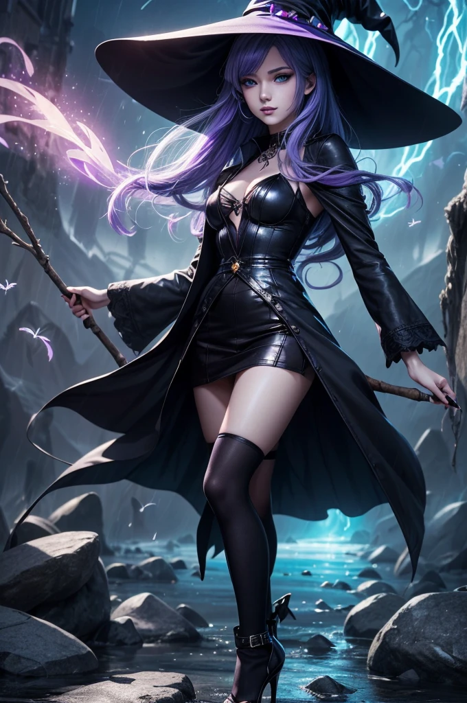 In the middle of so the storm on the stone field stand beatiful witch, she have a beautiful face with blue eyes shining purple lipstick and purple eye shadows, she have long blue hair with purple highlights, she dressed in black long coat short skirt high heels shoes and witch hat on her head , there is lighning butterflys fly all around her, (ultra high quality fantasy art, anime fantasy style, masterpiece, ultra high quality character design, 8k quality anime art, realistic anime art, top quality wallpaper illustration, detailed ultra high quality accurate face, high quality design and accurate physic)
