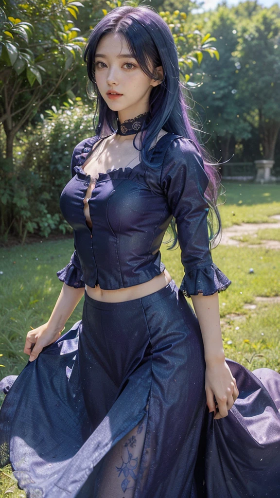 (absurdres, highres, ultra detailed), masterpiece, hinata(boruto), ((solo)), 1girl,medium breasts, long purple victorian style dress, closed mouth, (((long hair))),standing, the bodice and the skirt pattern, frill skirt, lace, blink blink effect, (((detailed lips))), garden, pink and yellow flowers,  ((realistic skin)), glowing skin, ((glossy red lips)), purple eyes, portrait, beautiful, smile, (((dark blue hair))), bust crop, normal skin