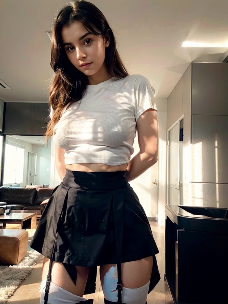 A 20 YEAR OLD WOMAN IN A BLACK SKIRT AND WHITE TOP POSING SENSUALLY IN THE LIVING ROOM OF HER HOUSE,WITH NSFW BACKGROUND LIGHTS SHOWING her breasts, ultra realistic, 4k, ultra realistic