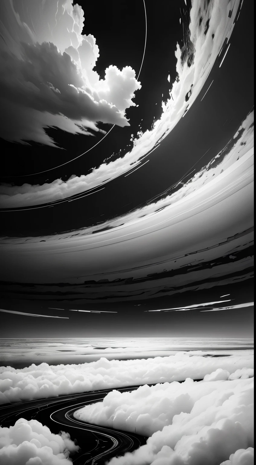 Tornado and cloud bands,Minimalist black and white poster,Abstract Art,Apocalyptic landscape,Award-winning works,Award-winning