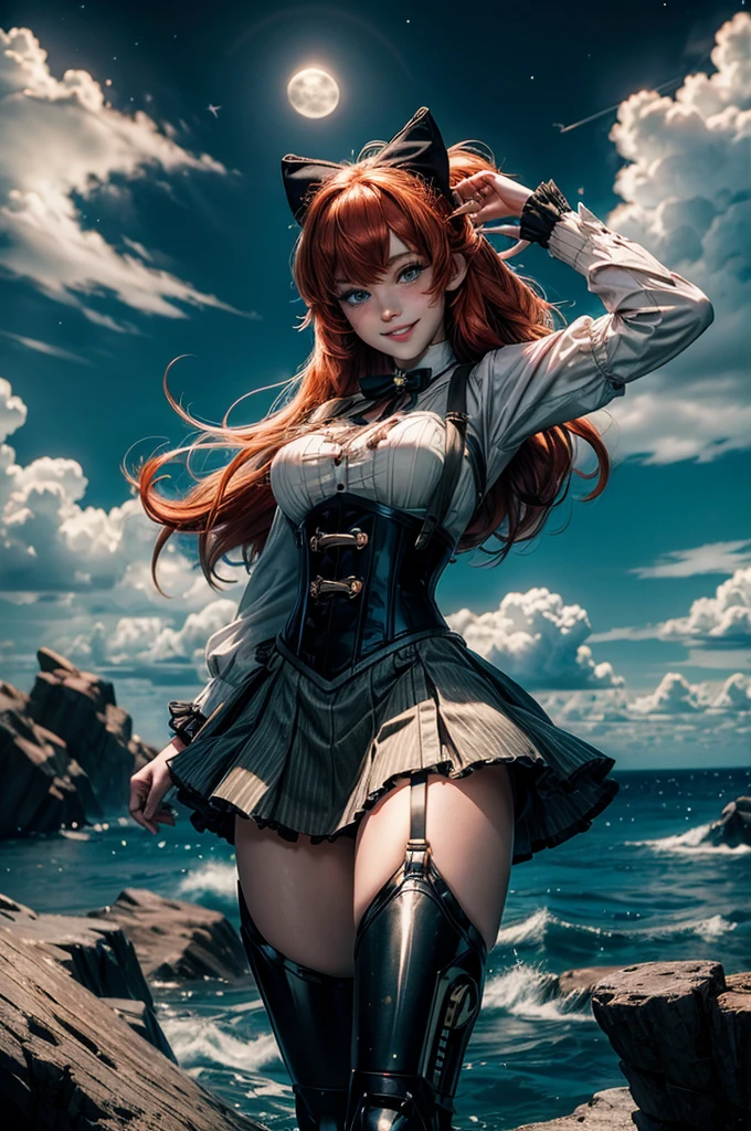 night, moon, stars, cowboy shot, (dynamic pose), smile, underbust, Penny Polendina, long red hair, neck ribbon, suspender skirt, corset, black bow, white blouse, mechanical legs, neon trim, flying in the sky, over ocean, blue sky, clouds (volumetric lighting), intricate details, tonemapping, sharp focus, hyper detailed
