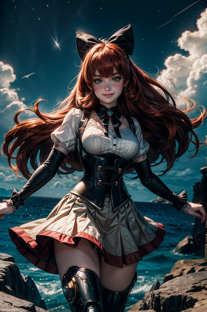 night, moon, stars, cowboy shot, (dynamic pose), smile,  underbust, Penny Polendina, long red hair, neck ribbon, suspender skirt, corset, black bow, white blouse, mechanical legs, neon trim, flying in the sky, over ocean, blue sky, clouds (volumetric lighting), intricate details, tonemapping, sharp focus, hyper detailed

