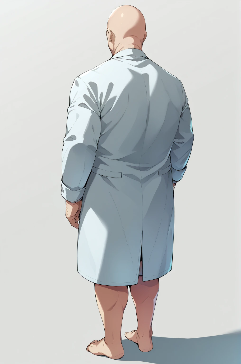 Diagonal angle from behind、A bald man in a white coat、solo、Ultra-detailed illustrations、Ultra-precise expression、masterpiece、Highest quality、ultra High resolution、High resolution、Hiromitsu Takeda Style、White background、Simple Background、whole body、barefoot、Standing posture、Back view、